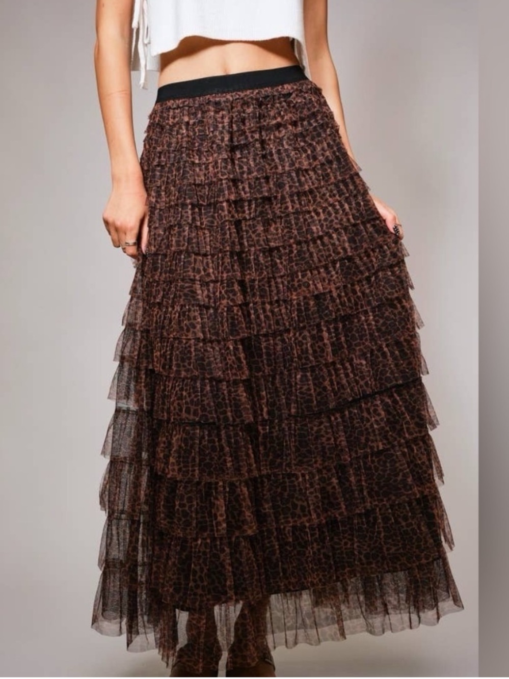 Blue B Leopard Print Tiered Ruffle Tulle Maxi Skirt Sz. Small